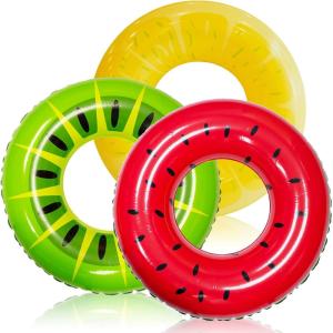 JOYIN Donut Pool Float with Glitters 32.5” (3 Pack), Funny Tube Toys for Swimming Pool Party and Donut Party Supplies(Fruit)