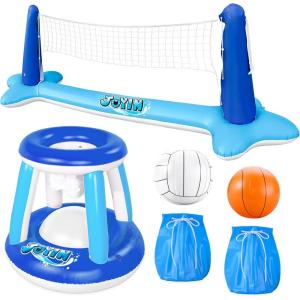 JOYIN Inflatable Pool Float Set Volleyball Net & Basketball Hoops, Floating Swimming Game Toy for Kids and Adults, Summer Floaties, Volleyball Court (105”x28”x38”)|Basketball (27.6”x23”),L-Orange(Dark Blue)