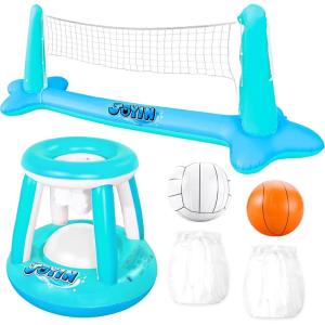 JOYIN Inflatable Pool Float Set Volleyball Net & Basketball Hoops, Floating Swimming Game Toy for Kids and Adults, Summer Floaties, Volleyball Court (105”x28”x38”)|Basketball (27.6”x23”),L-Orange(Blue Cyan)