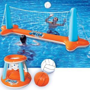 JOYIN Inflatable Pool Float Set Volleyball Net & Basketball Hoops, Floating Swimming Game Toy for Kids and Adults, Summer Floaties, Volleyball Court (105”x28”x38”)|Basketball (27.6”x23”),L-Orange(Orange)