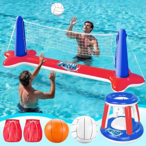 JOYIN Inflatable Pool Float Set Volleyball Net & Basketball Hoops, Floating Swimming Game Toy for Kids and Adults, Summer Floaties, Volleyball Court (105”x28”x38”)|Basketball (27.6”x23”),L-Orange(Red)
