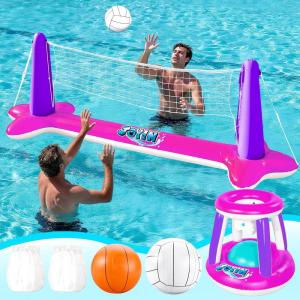 JOYIN Inflatable Pool Float Set Volleyball Net & Basketball Hoops, Floating Swimming Game Toy for Kids and Adults, Summer Floaties, Volleyball Court (105”x28”x38”)|Basketball (27.6”x23”),L-Orange(Pink Purple)