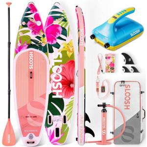 SLOOSH 10’6″ Inflatable SUP & Electric Pump Bundle – Stable Paddle Board Kit with EVA Deck, 20 PSI Fast Pump, Kayak Paddle, Lightweight Backpack