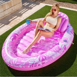 SLOOSH Inflatable Tanning Pool Lounger Float, 70″ x 46″ Pool Floats Adult with Pillow, 4 in 1 Suntan Tub Raft Floatie,Sunbathing Bed Lounge for Water Blow Up Ball Pit Party Gifts,Navyblue Stripe(Pink)