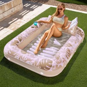 SLOOSH Inflatable Tanning Pool Lounger Float, 85″ x 57″ Extra Large Pool Floats Adult with Pillow, 4 in 1 Suntan Tub Raft Floatie,Sunbathing Bed Lounge for Water Blow Up Ball Pit Party Gifts, XL-Blue(Golden White)