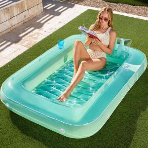 SLOOSH Inflatable Tanning Pool Lounger Float, 85″ x 57″ Extra Large Pool Floats Adult with Pillow, 4 in 1 Suntan Tub Raft Floatie,Sunbathing Bed Lounge for Water Blow Up Ball Pit, XL-Golden White(Cyan)