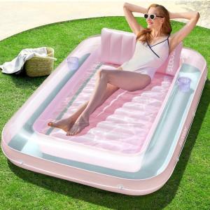 SLOOSH Inflatable Tanning Pool Lounger Float, 85″ x 57″ Extra Large Pool Floats Adult with Pillow, 4 in 1 Suntan Tub Raft Floatie,Sunbathing Bed Lounge for Water Blow Up Ball Pit, XL-Golden White(Cyan Pink)