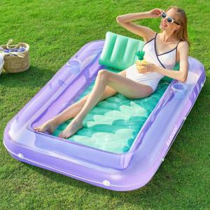 SLOOSH Inflatable Tanning Pool Lounger Float, 85″ x 57″ Extra Large Pool Floats Adult with Pillow, 4 in 1 Suntan Tub Raft Floatie,Sunbathing Bed Lounge for Water Blow Up Ball Pit, XL-Golden White(Purple Green)