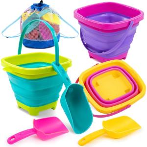 Sloosh 3 Packs Foldable Bucket – Collapsible Bucket with Sand Shovels and Mesh Backpack for Kids Toddlers Beach Toys, Easter Egg Hunt, Camping, Travelling and Fishing Water Pail (Pink/Purple/Green)(Pink/Purple/Green)