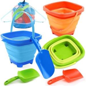 Sloosh 3 Packs Foldable Bucket – Collapsible Bucket with Sand Shovels and Mesh Backpack for Kids Toddlers Beach Toys, Easter Egg Hunt, Camping, Travelling and Fishing Water Pail (Pink/Purple/Green)(Orange/Blue/Green)