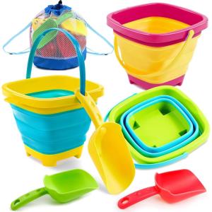 Sloosh 3 Packs Foldable Bucket – Collapsible Bucket with Sand Shovels and Mesh Backpack for Kids Toddlers Beach Toys, Easter Egg Hunt, Camping, Travelling and Fishing Water Pail (Pink/Purple/Green)(Yellow/Blue/Green)
