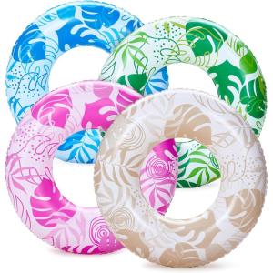 Sloosh 4 Pack Inflatable Pool Floats, Pool Tube Rings, Swim Tubes, Floaties Toys, Beach Swimming Party Toys for Kids and Adults(Tropical Leaves)