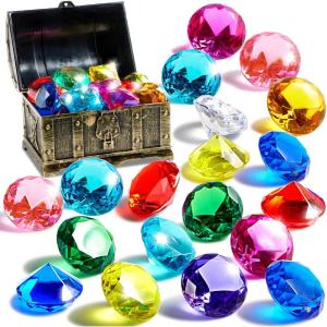 Sloosh Diving Gems Pool Toys, 16 Big Colorful Diamond with Pirate Treasure Chest,Swim Dive Toy for Kids Underwater Gemstone Swimming Training Gift Water Pool Games(Gold)(Gold)