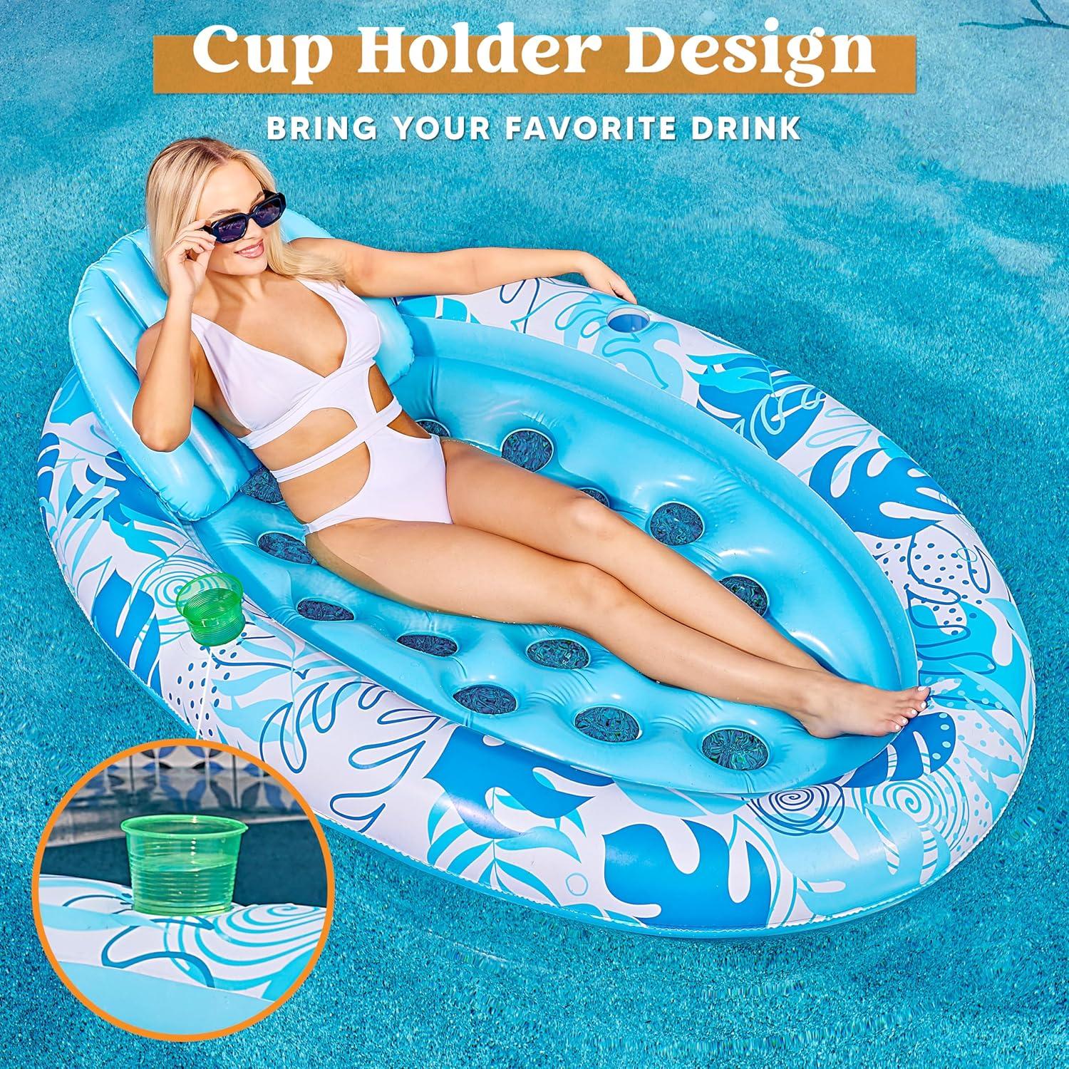 imageInflatable Tanning Pool Floats Adult Sloosh Oval Tanning Float Lounger for Adults Raft Sunbathing Lounge Cool Water Party Toys Lake Beach Swimming Pool Sun Tan Tube with Backrest Cup Holders BlueBlue