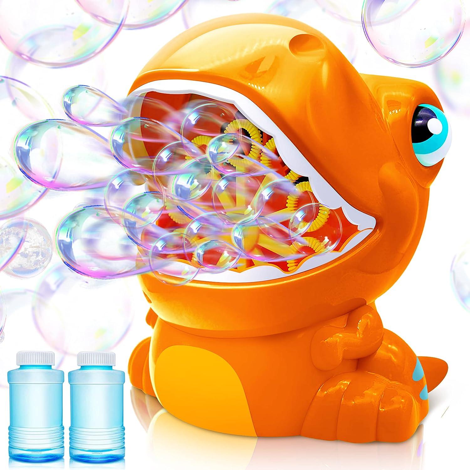 imageJOYIN Dinosaur Bubble Machine Bubble Machine Gun Blower with Solutions for Kids Summer Outdoor Indoor Toy Dinosaur Party Favor Kids Birthday Gift GreenOrange