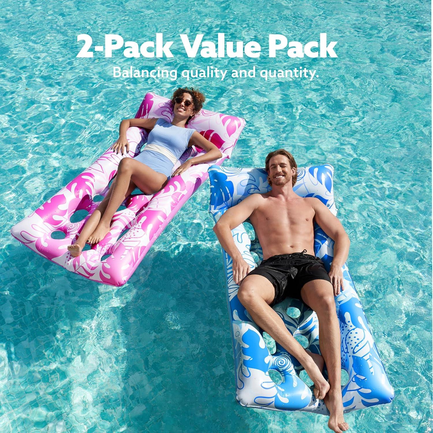 imageSLOOSH 2Pack Inflatable Pool Floats Mat XL Pool Floaties Adults Size with Headrest Sun Tanning Raft Lake Beach Swimming Pool Party Toys Floating Lounge Above Water Keep CoolBluePink