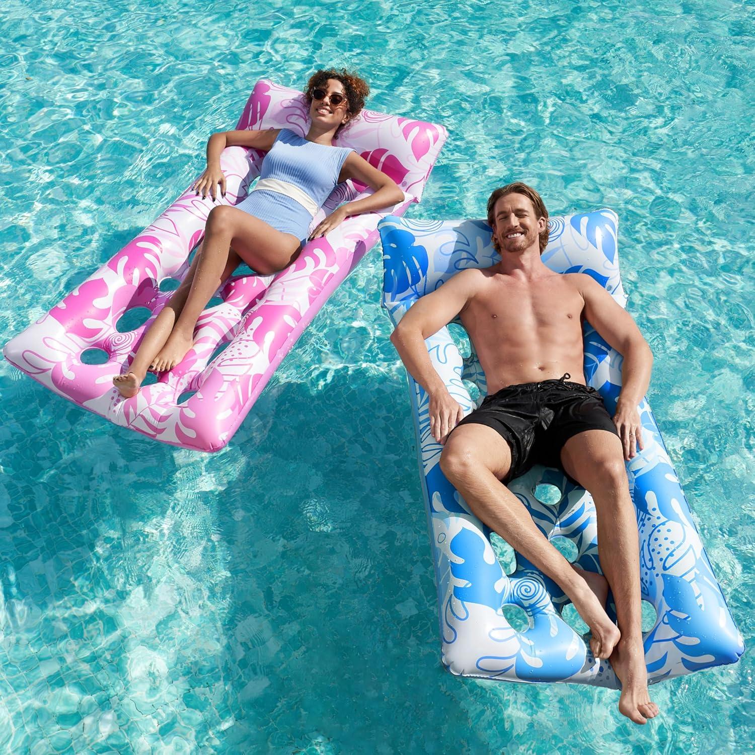 imageSLOOSH 2Pack Inflatable Pool Floats Mat XL Pool Floaties Adults Size with Headrest Sun Tanning Raft Lake Beach Swimming Pool Party Toys Floating Lounge Above Water Keep CoolBluePink