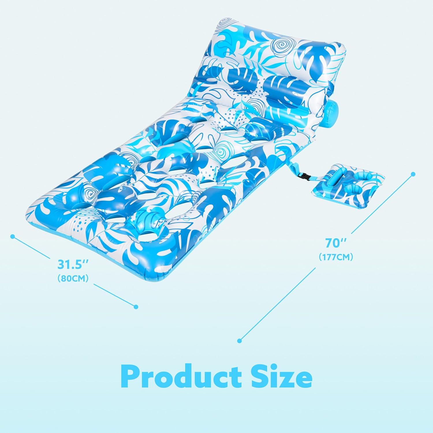 imageSLOOSH Adjustable Backrest Pool Floats Tropical Leaves Pool Lounger Floaties Adults with Cup Holders Inflatable Tanning Float Rafts Chair Beach Lake Lounge Floating Above Water Keep Cool PinkBlue
