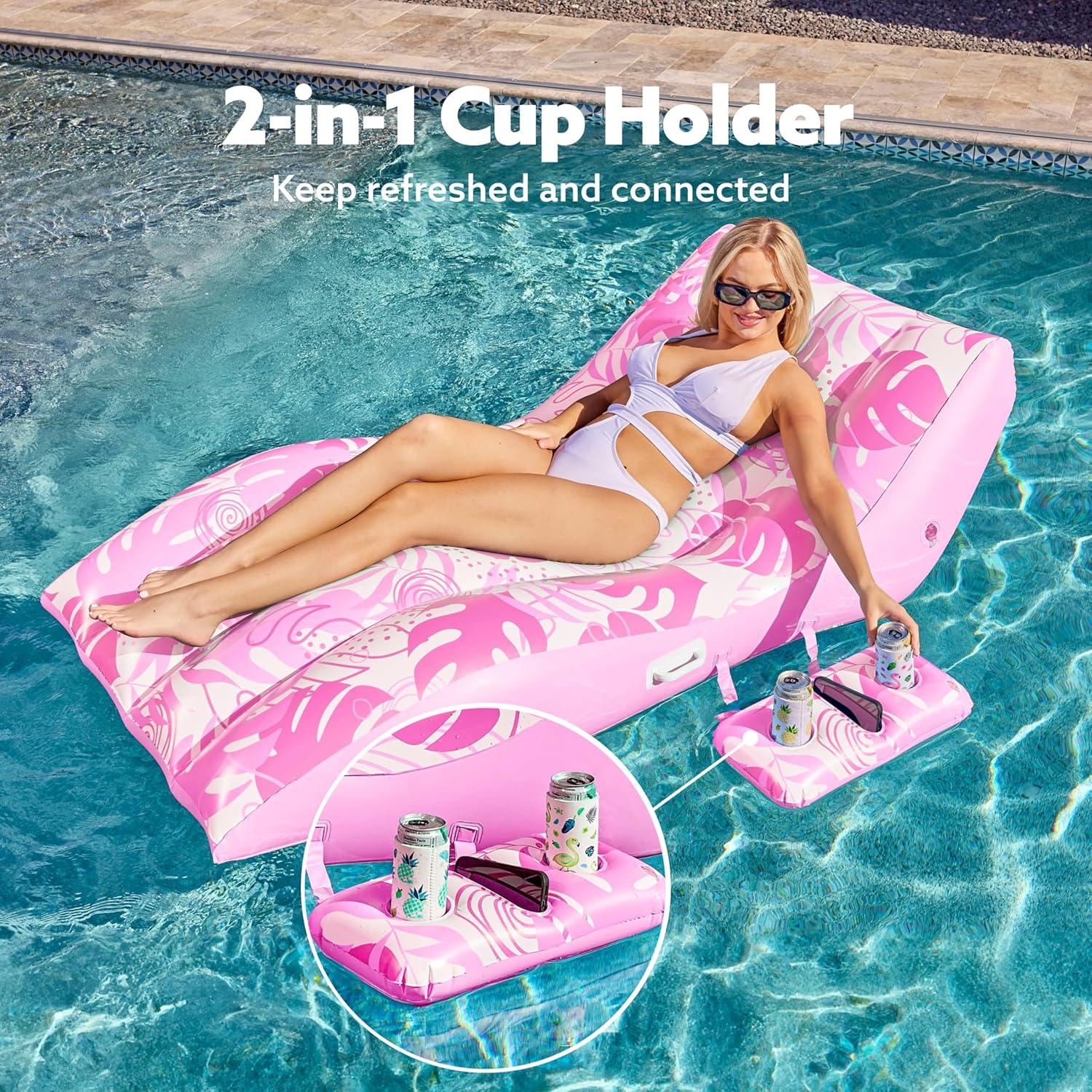 imageSLOOSH Inflatable Pool Floats Adult Extreme Comfort Pool Lounge Chair with Detachable Cup Holder Heavy Duty Lounger Floating Recliner Blow Up Floaties Water Floaty Lake Beach Tanning FloatPink