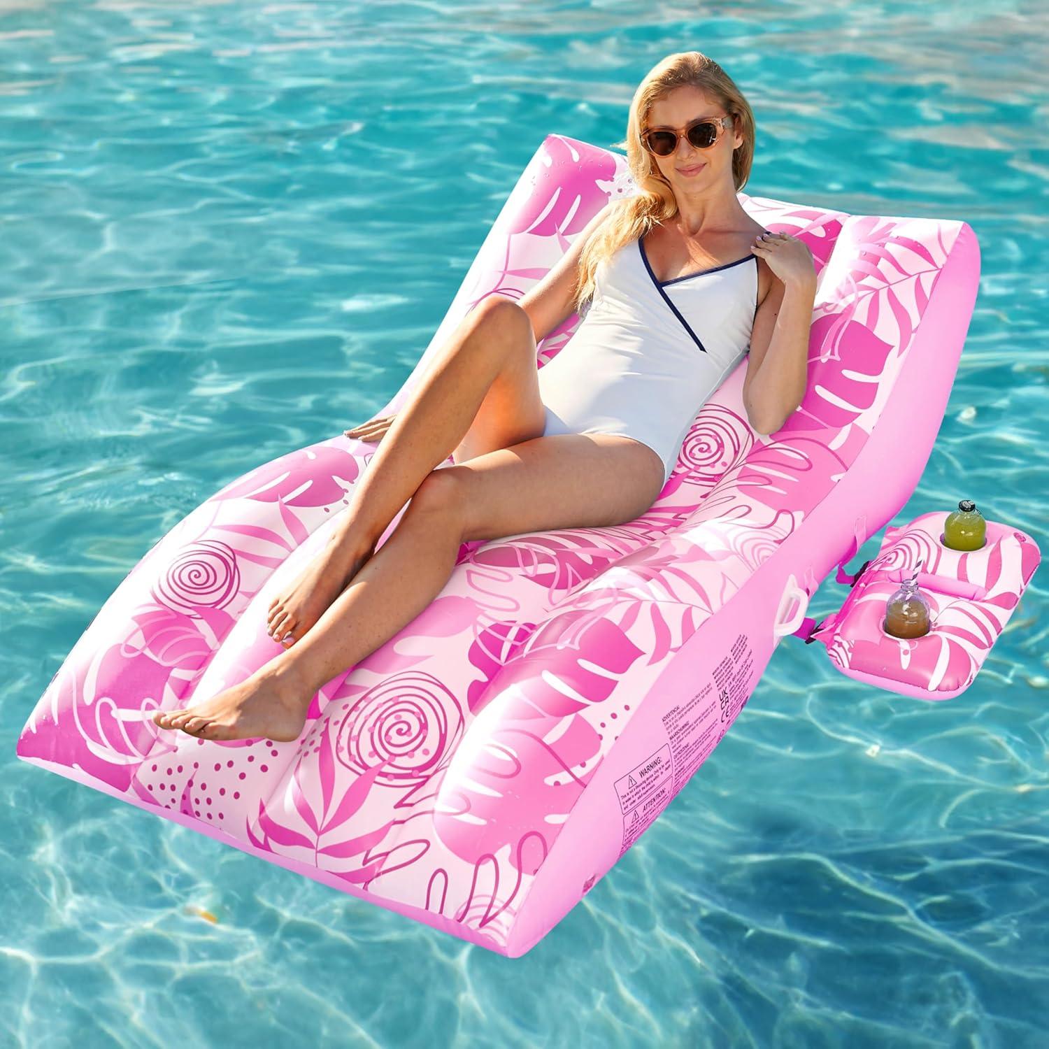 imageSLOOSH Inflatable Pool Floats Adult Extreme Comfort Pool Lounge Chair with Detachable Cup Holder Heavy Duty Lounger Floating Recliner Blow Up Floaties Water Floaty Lake Beach Tanning FloatPink