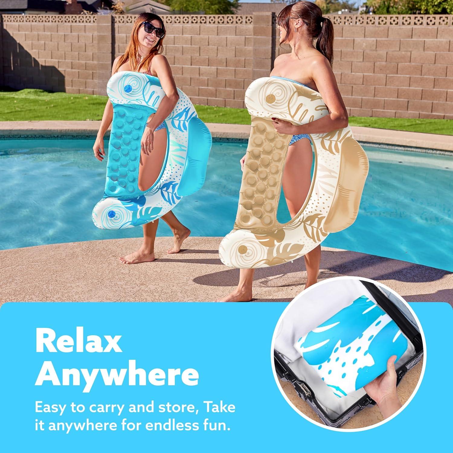 imageSLOOSH Inflatable Pool Floats Adult2 Pack Pool Chairs with Cup HoldersBlow up Floats ChairHammock Noodle Mat for Relaxing Summer Water Fun Swimming Party BeachLeaves Design Blue Champagne