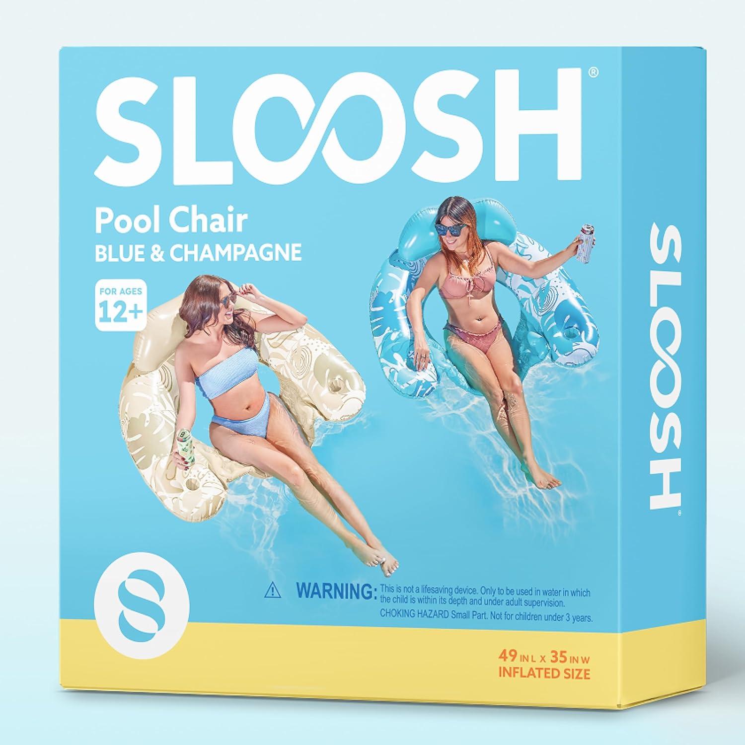 imageSLOOSH Inflatable Pool Floats Adult2 Pack Pool Chairs with Cup HoldersBlow up Floats ChairHammock Noodle Mat for Relaxing Summer Water Fun Swimming Party BeachLeaves Design Blue Champagne