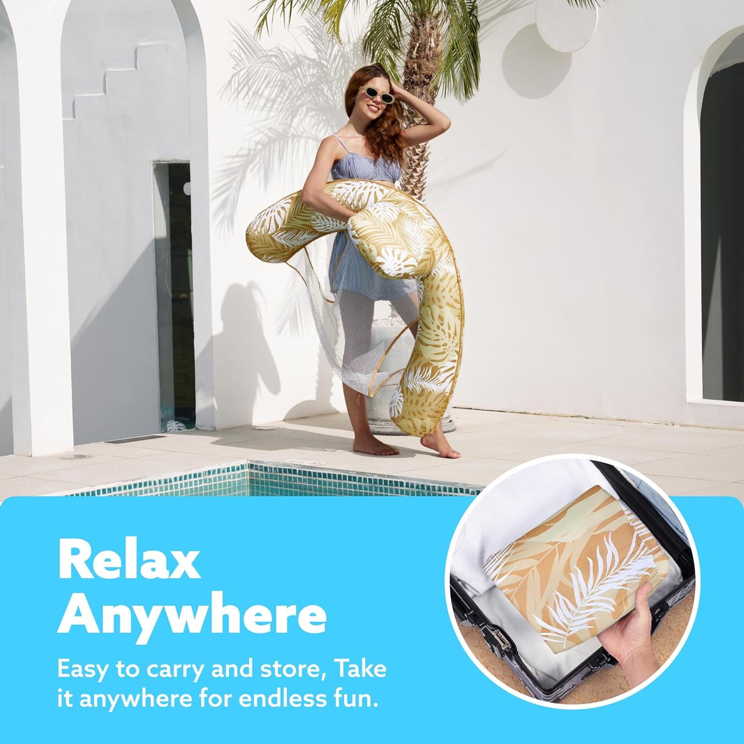 imageSLOOSH Inflatable Pool Floats AdultLounge Chair Adult with Plant PatternFloating Water HammockBlow up Pool Noodles Rafts for Relaxing Swimming Party Summer Water Beach Lake FunChampagne