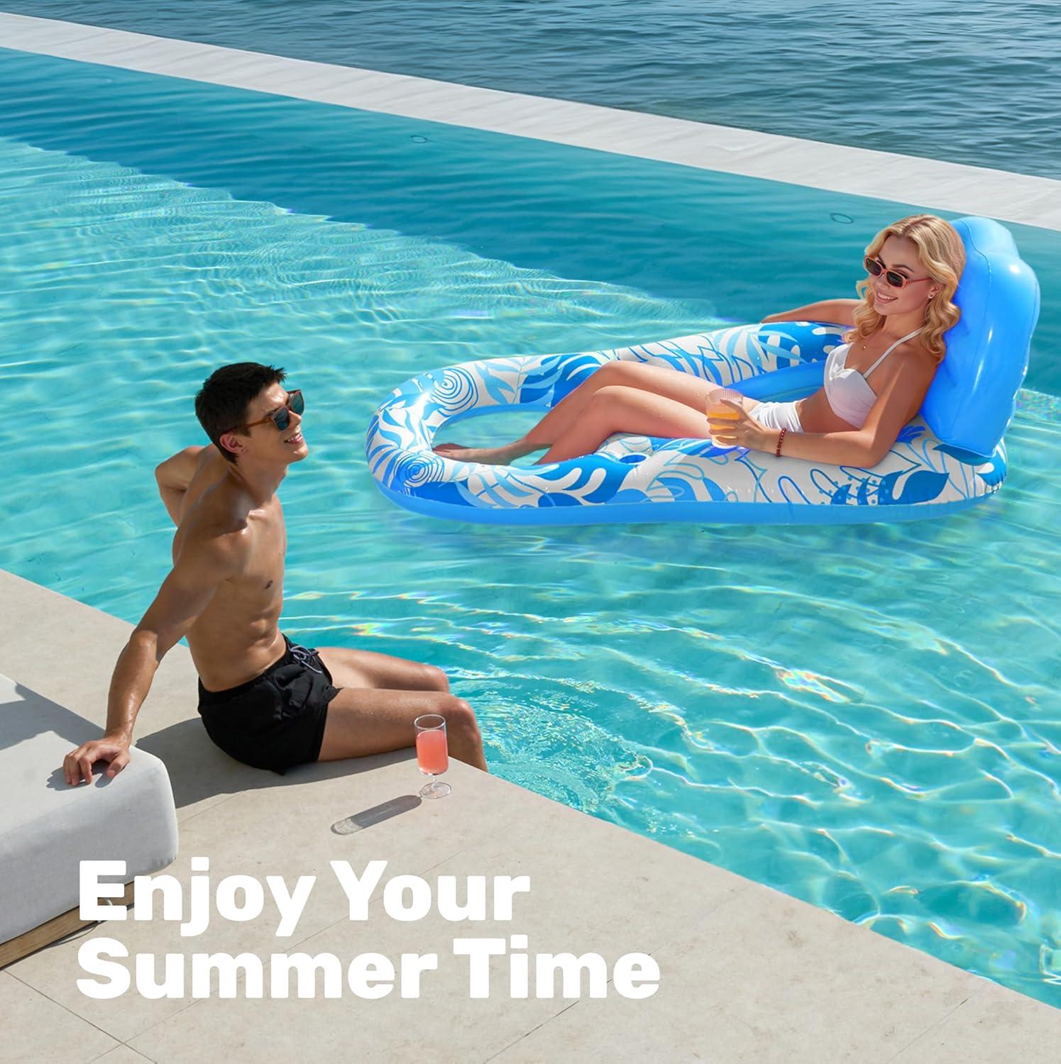 imageSLOOSH Inflatable Pool Floats Lounger Adult Pool Float Lounge Raft Floaties Water Floating Recliner Chair with Cup Holders Foot Rest Swimming FloatyBlue