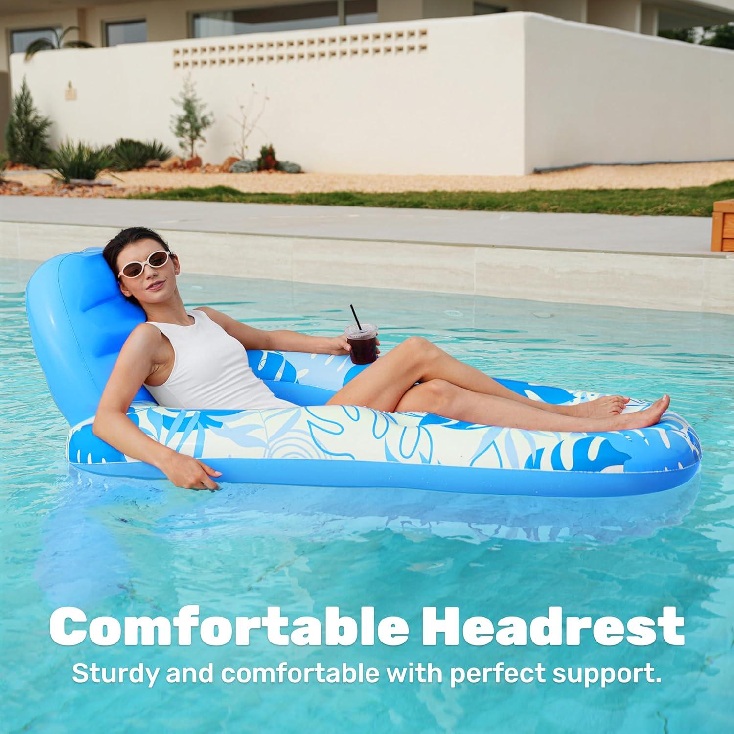 imageSLOOSH Inflatable Pool Floats Lounger Adult Pool Float Lounge Raft Floaties Water Floating Recliner Chair with Cup Holders Foot Rest Swimming FloatyBlue