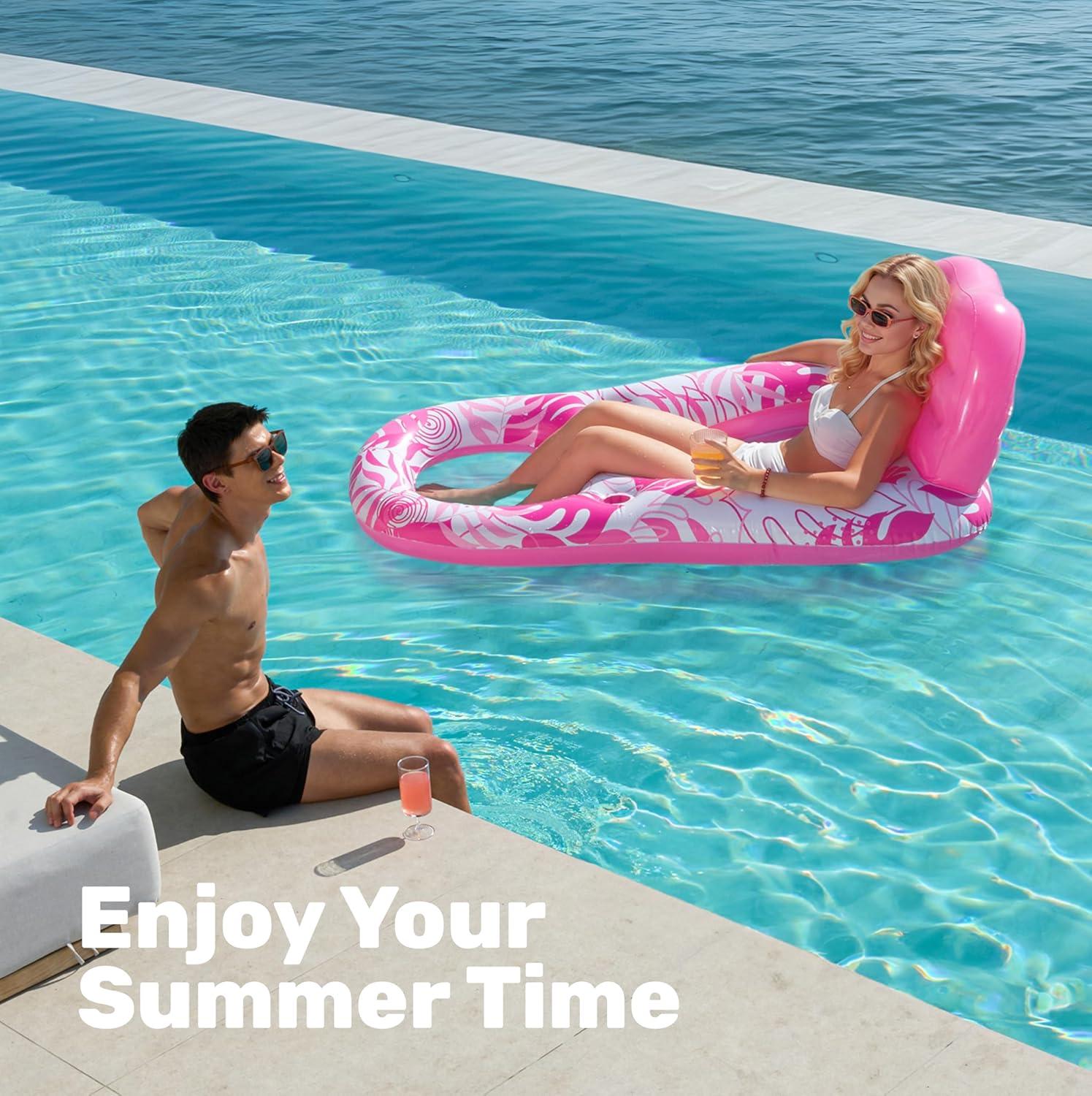 imageSLOOSH Inflatable Pool Floats Lounger Adult Pool Float Lounge Raft Floaties Water Floating Recliner Chair with Cup Holders Foot Rest Swimming FloatyPink