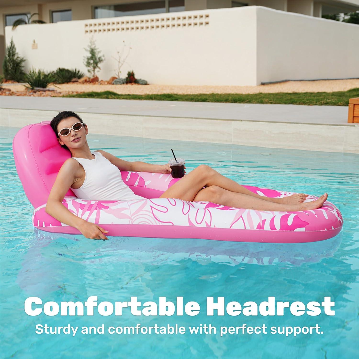 imageSLOOSH Inflatable Pool Floats Lounger Adult Pool Float Lounge Raft Floaties Water Floating Recliner Chair with Cup Holders Foot Rest Swimming FloatyPink