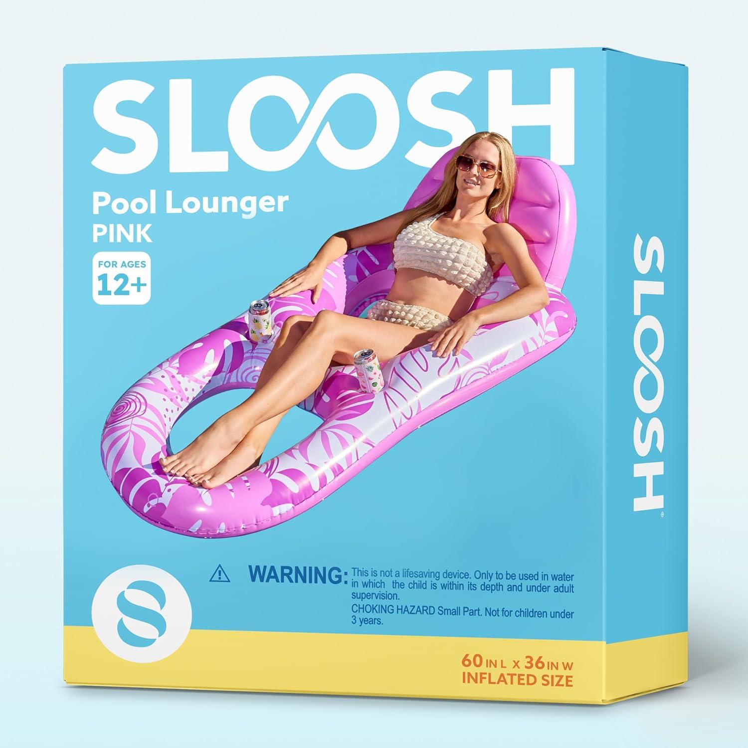 imageSLOOSH Inflatable Pool Floats Lounger Adult Pool Float Lounge Raft Floaties Water Floating Recliner Chair with Cup Holders Foot Rest Swimming FloatyPink