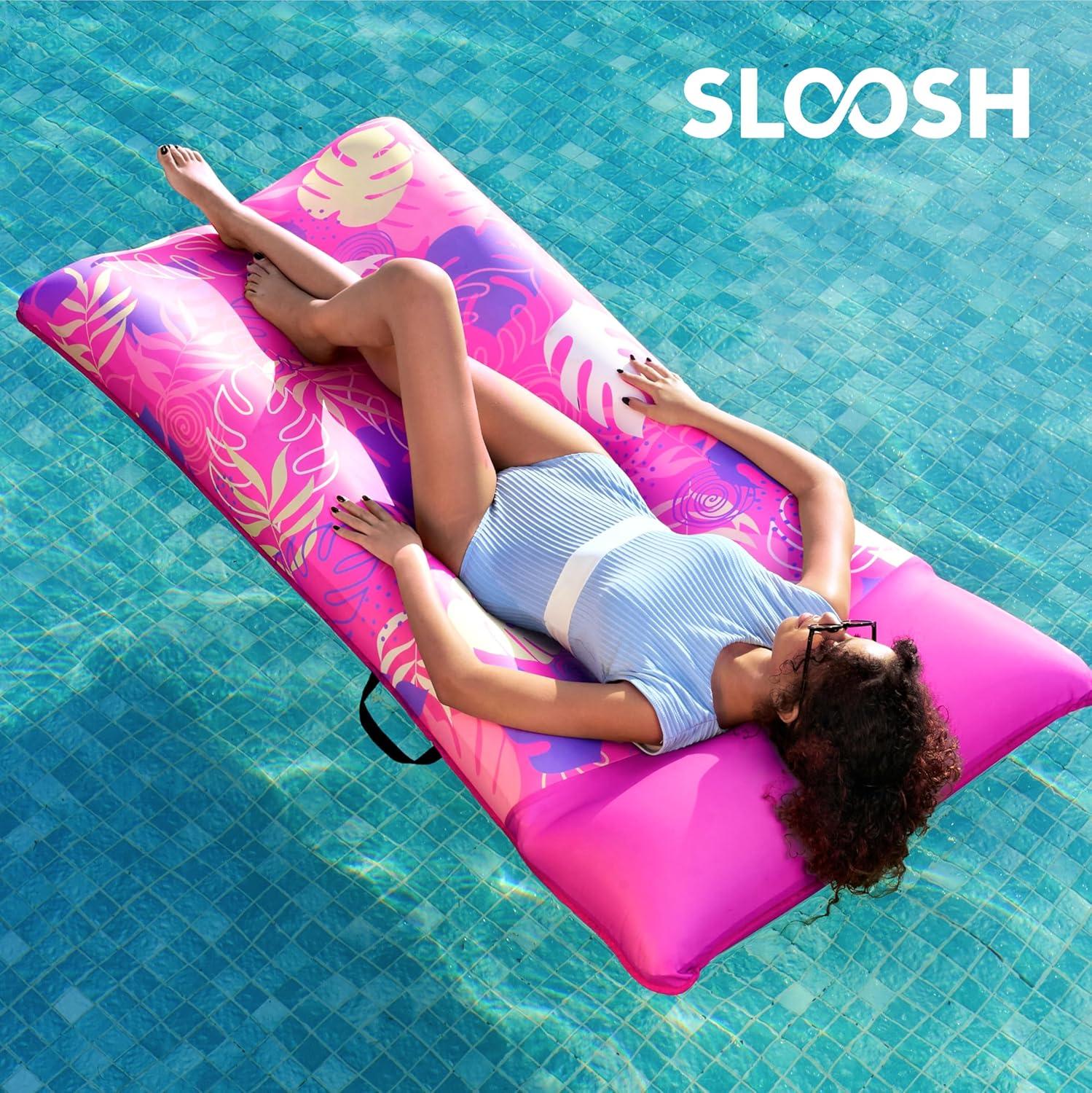 imageSLOOSH Inflatable Pool Floats Raft XL Fabric Covered Pool Mat Lounger Floaties for Adults Ultra Comfort Inflatable Water Float with Headrest for Beach Lake Swimming Pool Floating 68X34 PinkPink
