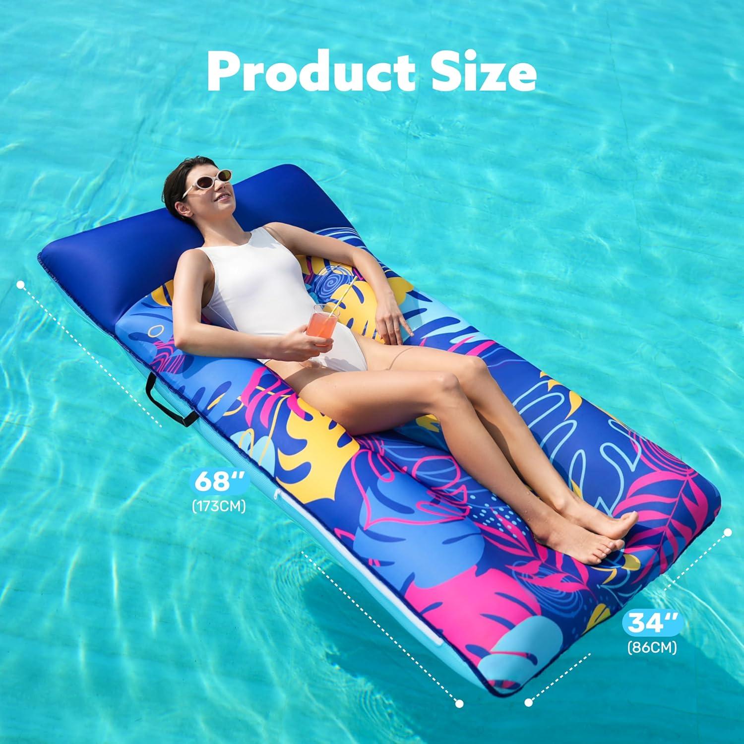 imageSLOOSH Inflatable Pool Floats Raft XL Fabric Covered Pool Mat Lounger Floaties for Adults Ultra Comfort Inflatable Water Float with Headrest for Beach Lake Swimming Pool Floating 68X34 PinkBlue
