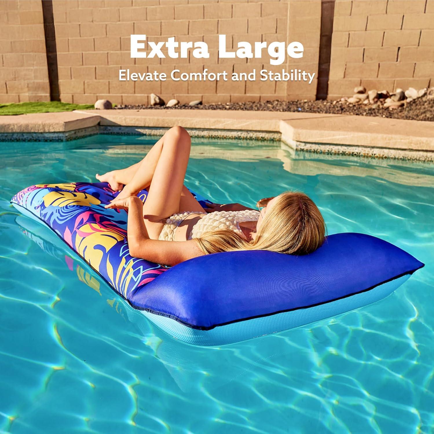 imageSLOOSH Inflatable Pool Floats Raft XL Fabric Covered Pool Mat Lounger Floaties for Adults Ultra Comfort Inflatable Water Float with Headrest for Beach Lake Swimming Pool Floating 68X34 PinkBlue