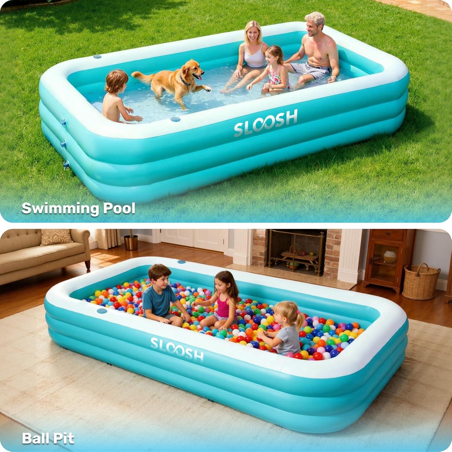 imageSLOOSH Inflatable Pool for Adults with Seats 120 x 72 x 22 FullSized Blow Up Durable Thickened Above Ground Family Pool Large Swimming Pools for Backyard Garden Lawn Summer Water Party BlueCyan