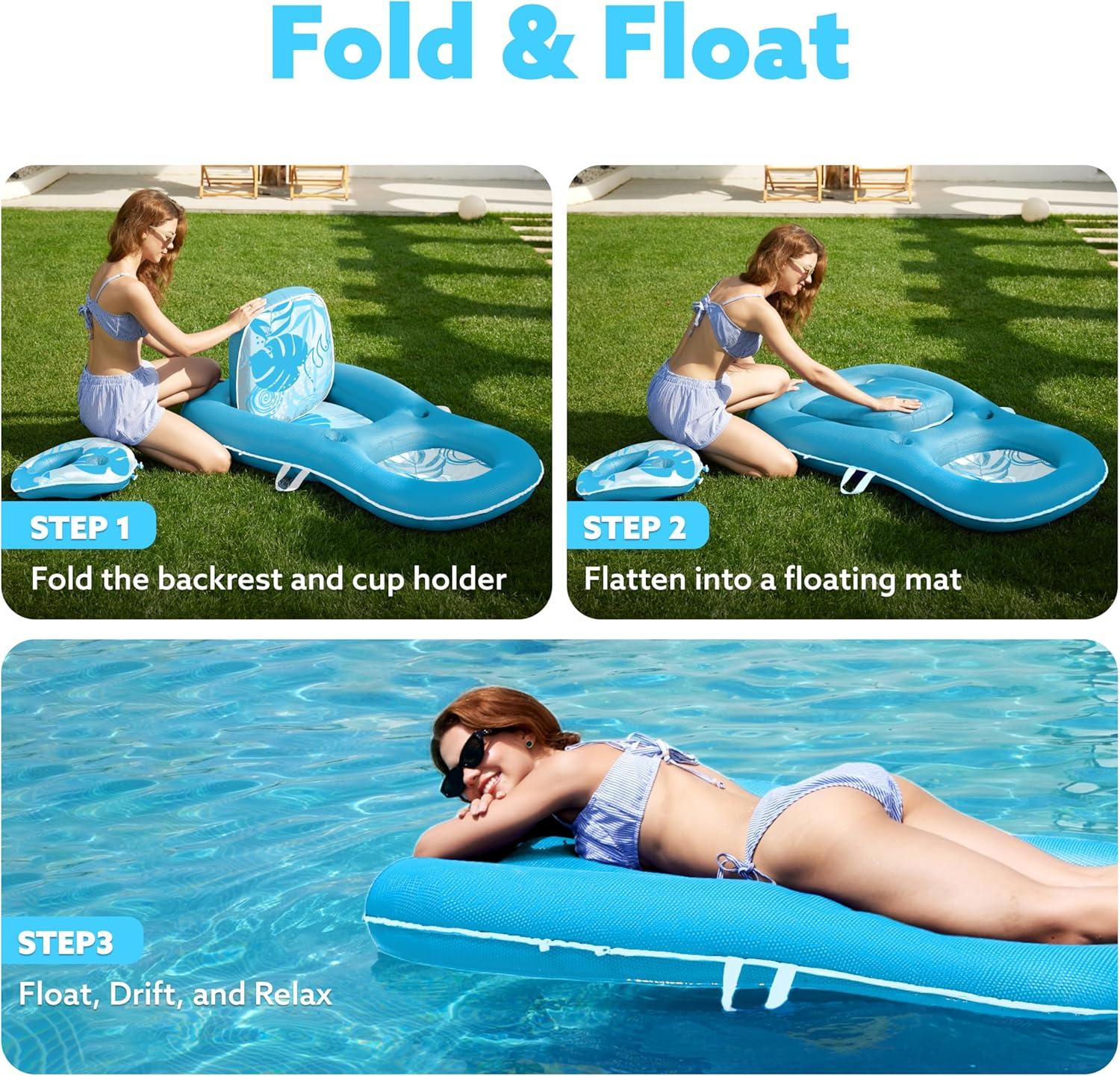 imageSLOOSH Pool Floats Lounger Adult Fabric Pool Floaties Lounge Convertible 2in1 Floating Water Floaty with Cup Holders Adjustable Backrest Recliner for Pool PartyBlue