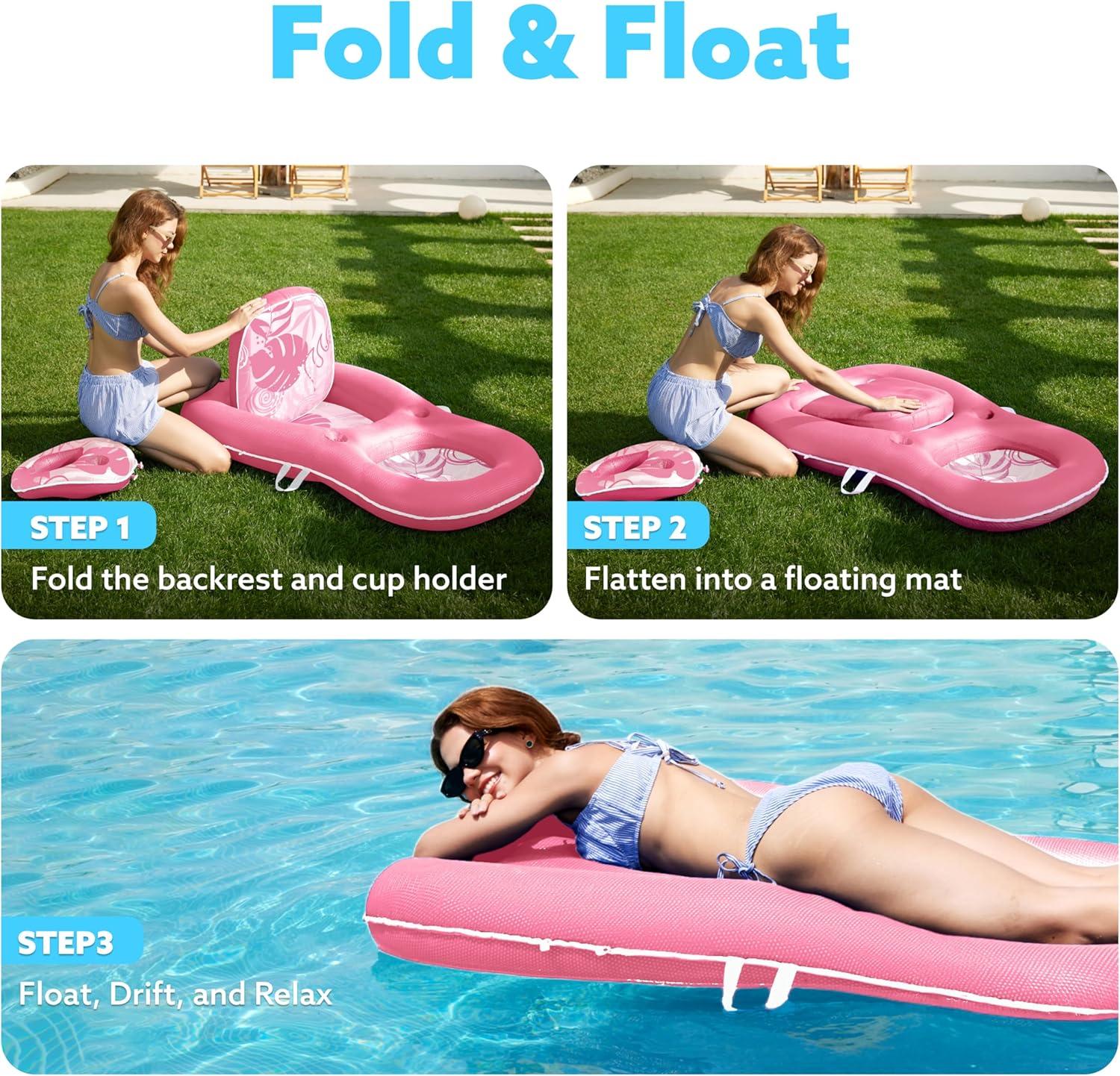 imageSLOOSH Pool Floats Lounger Adult Fabric Pool Floaties Lounge Convertible 2in1 Floating Water Floaty with Cup Holders Adjustable Backrest Recliner for Pool PartyPink