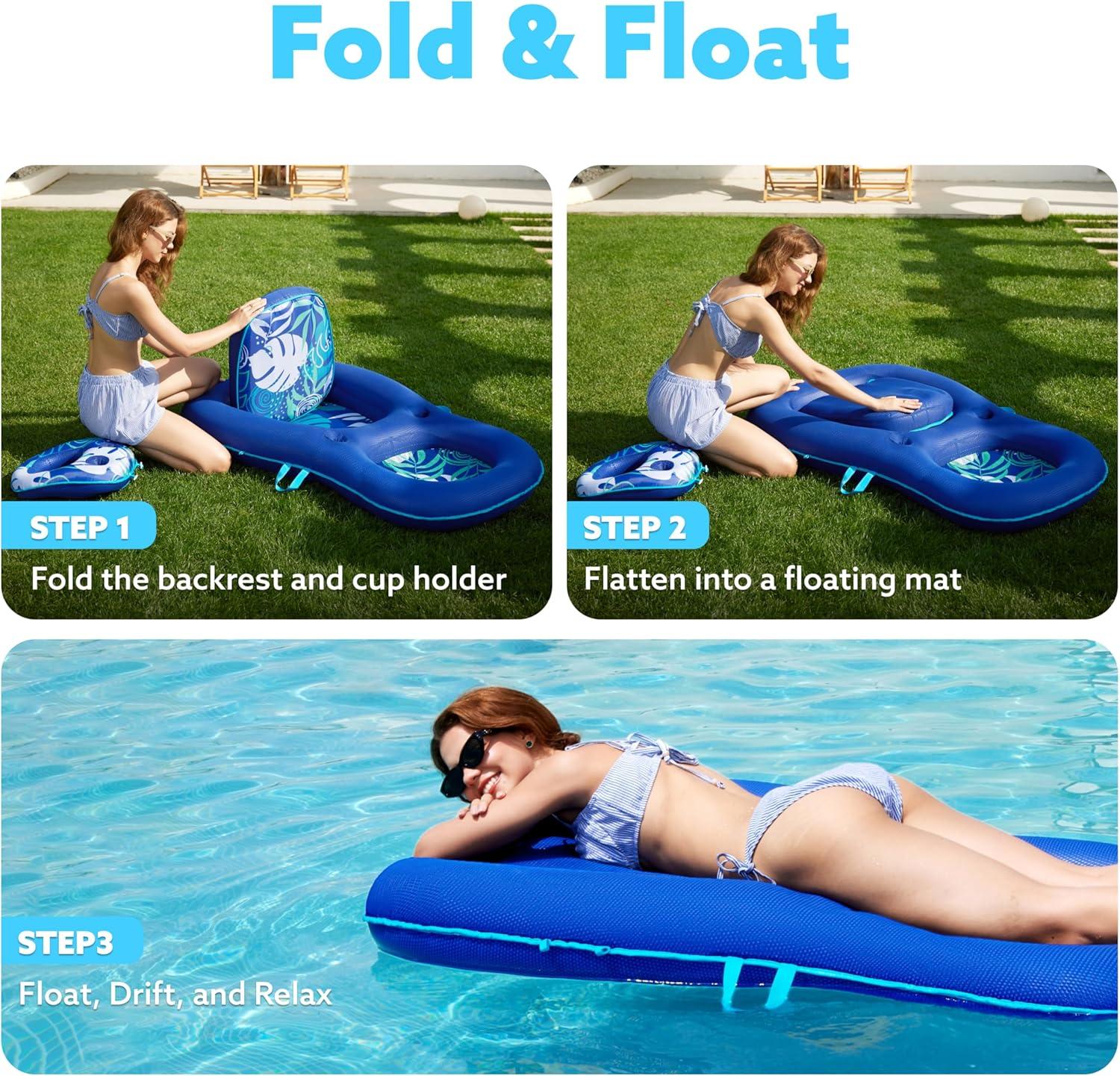 imageSLOOSH Pool Floats Lounger Adult Fabric Pool Floaties Lounge Convertible 2in1 Floating Water Floaty with Cup Holders Adjustable Backrest Recliner for Pool PartyDark Blue