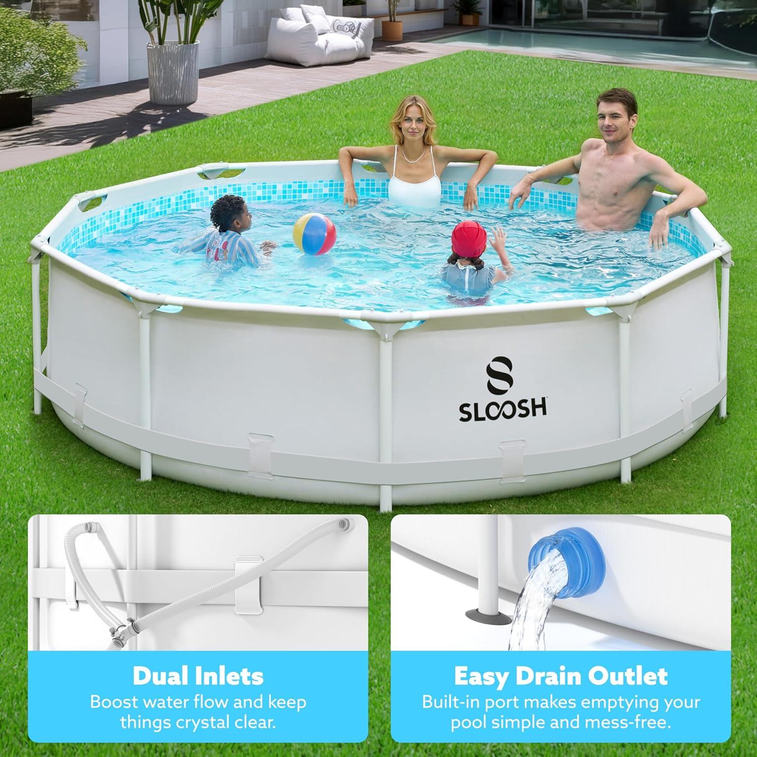 imageSLOOSH Round Above Ground Pool 12ft x 30inch Outdoor Round Frame Above Ground Swimming Pool Set for Kids Adults with Filter Pump10ft x 30inch