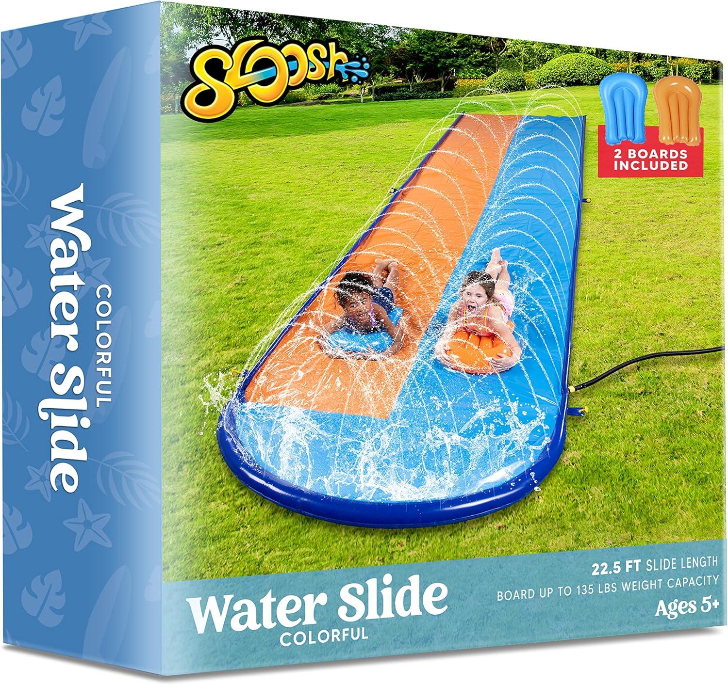 imageSloosh 225FT Double Water Slides Heavy Duty Lawn Slide with Sprinkler and 2 Inflatable Boards Backyard Yard Lawn Summer Outdoor Water Toy for Kids Adults225FT