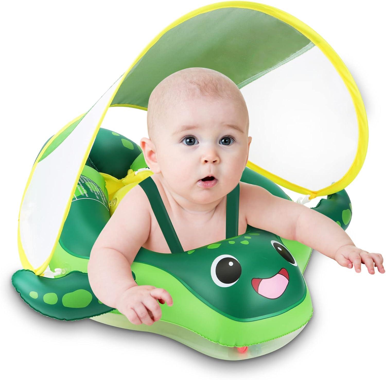 imageSloosh Baby Swimming Floats with Removable Sun Canopy Inflatable Baby Pool Float Sea Turtle Design Infant Swim Float Ring Swimming Pool Accessories for Age 636 MonthsSmall