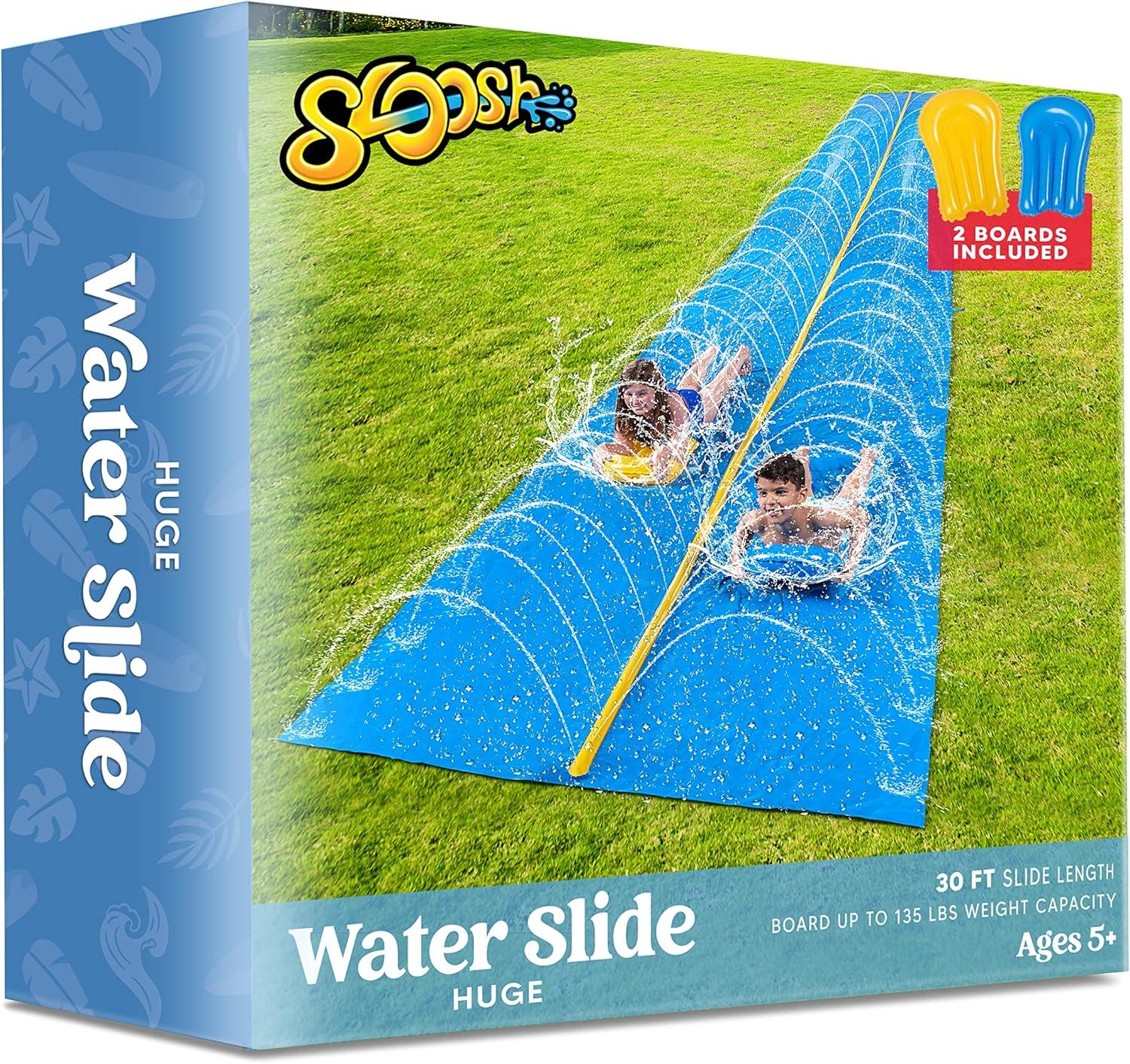 imageSloosh Huge Water Slide 30ft x 6ft Heavy Duty Lawn Water Slip with Builtin Sprinkler Slide and 2 Slip Inflatable Boards for Kids Adults Party Summer Yard Lawn Outdoor Play Activities