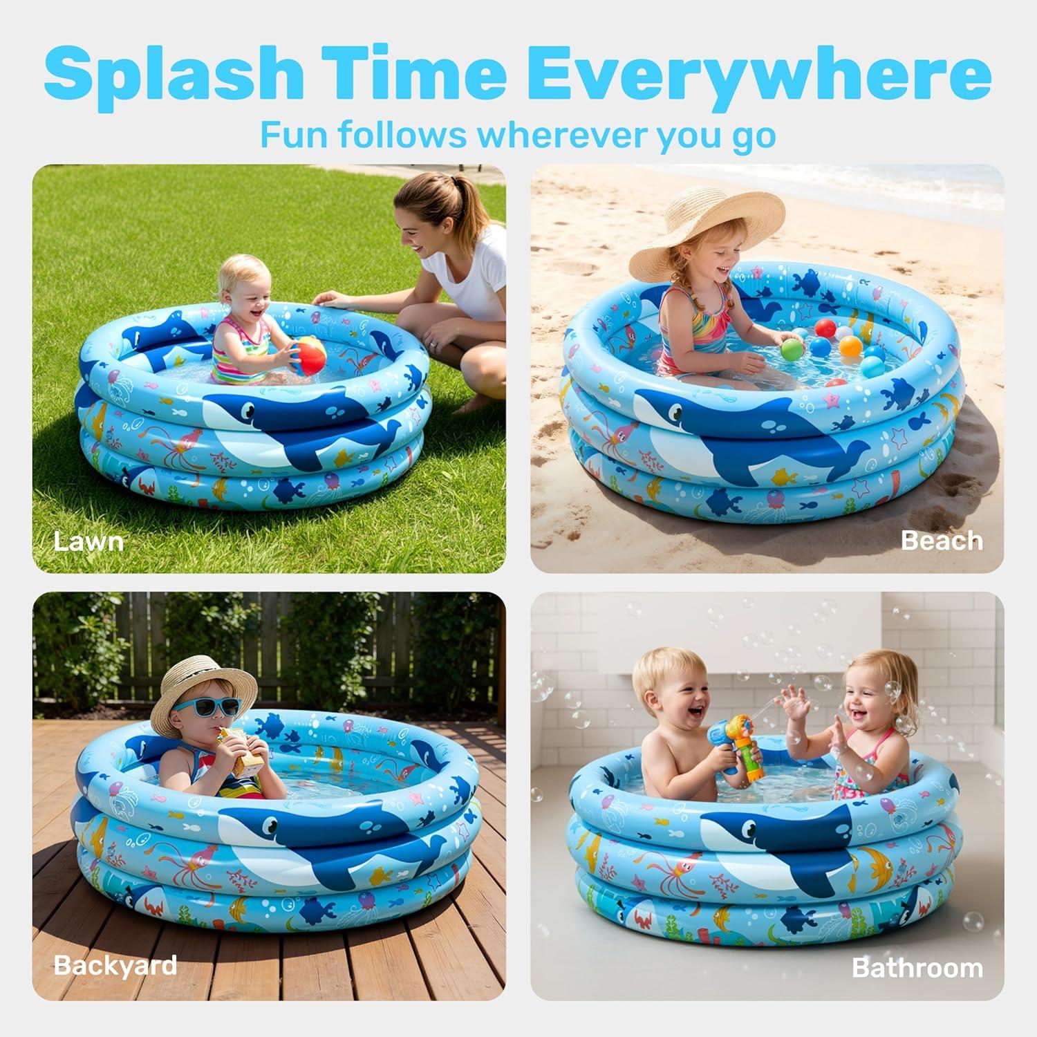 imageSloosh Inflatable Kiddie Pool 34x10 Blow Up Kid Swimming Pool3 Rings Blue Baby Pool for ToddlerPlay Pit for Dog with Geometric Pattern for Summer Water Party Backyard GardenFishWhale