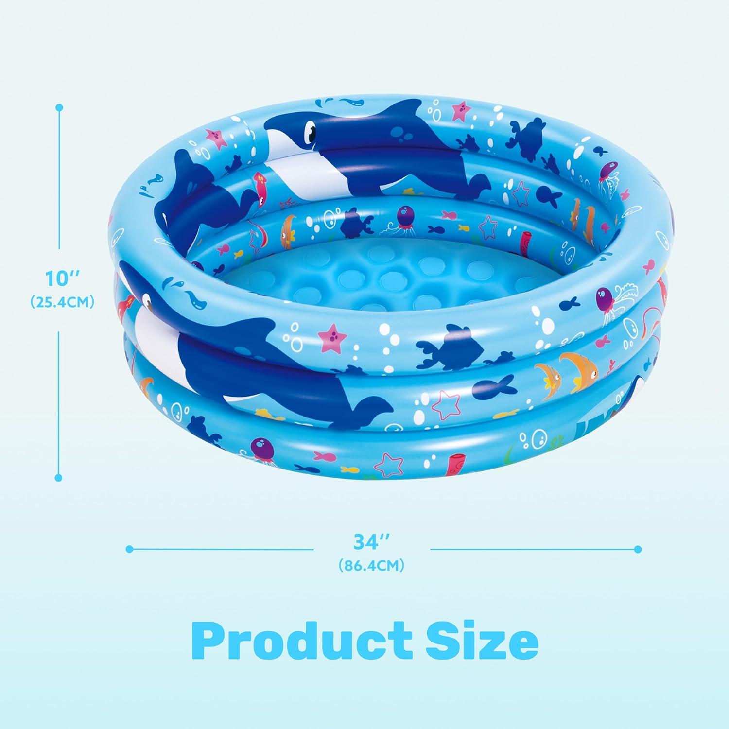 imageSloosh Inflatable Kiddie Pool 34x10 Blow Up Kid Swimming Pool3 Rings Blue Baby Pool for ToddlerPlay Pit for Dog with Geometric Pattern for Summer Water Party Backyard GardenFishWhale