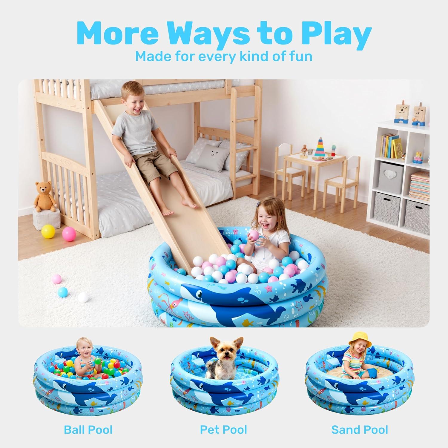 imageSloosh Inflatable Kiddie Pool 34x10 Blow Up Kid Swimming Pool3 Rings Blue Baby Pool for ToddlerPlay Pit for Dog with Geometric Pattern for Summer Water Party Backyard GardenFishWhale
