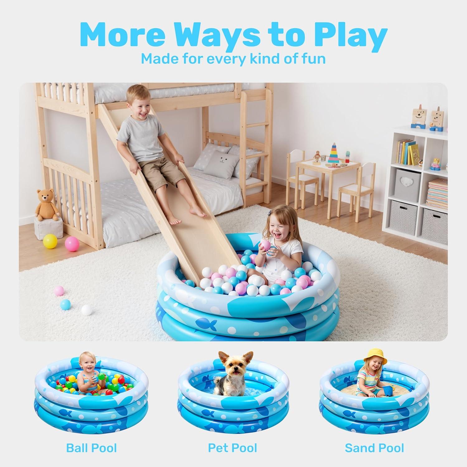 imageSloosh Inflatable Kiddie Pool 34x10 Blow Up Kid Swimming Pool3 Rings Blue Baby Pool for ToddlerPlay Pit for Dog with Geometric Pattern for Summer Water Party Backyard GardenFishFish