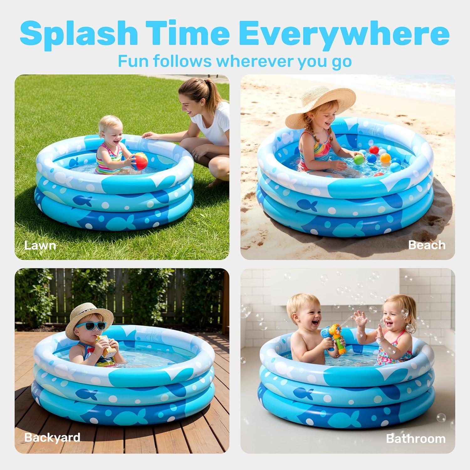 imageSloosh Inflatable Kiddie Pool 34x10 Blow Up Kid Swimming Pool3 Rings Blue Baby Pool for ToddlerPlay Pit for Dog with Geometric Pattern for Summer Water Party Backyard GardenFishFish
