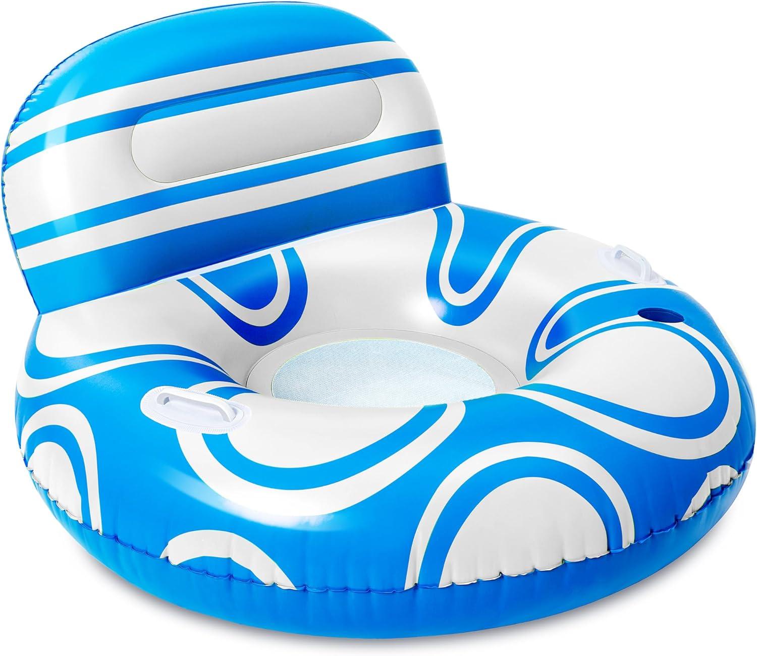imageSloosh Inflatable Pool Floats Lounger Pool Floaties Blow Up Air Sofa Floating Chair with Big Backrest Heavy Duty River Tubes Summer Lake Beach Water Float Raft Floaty for Adults Blue WhiteBlue White