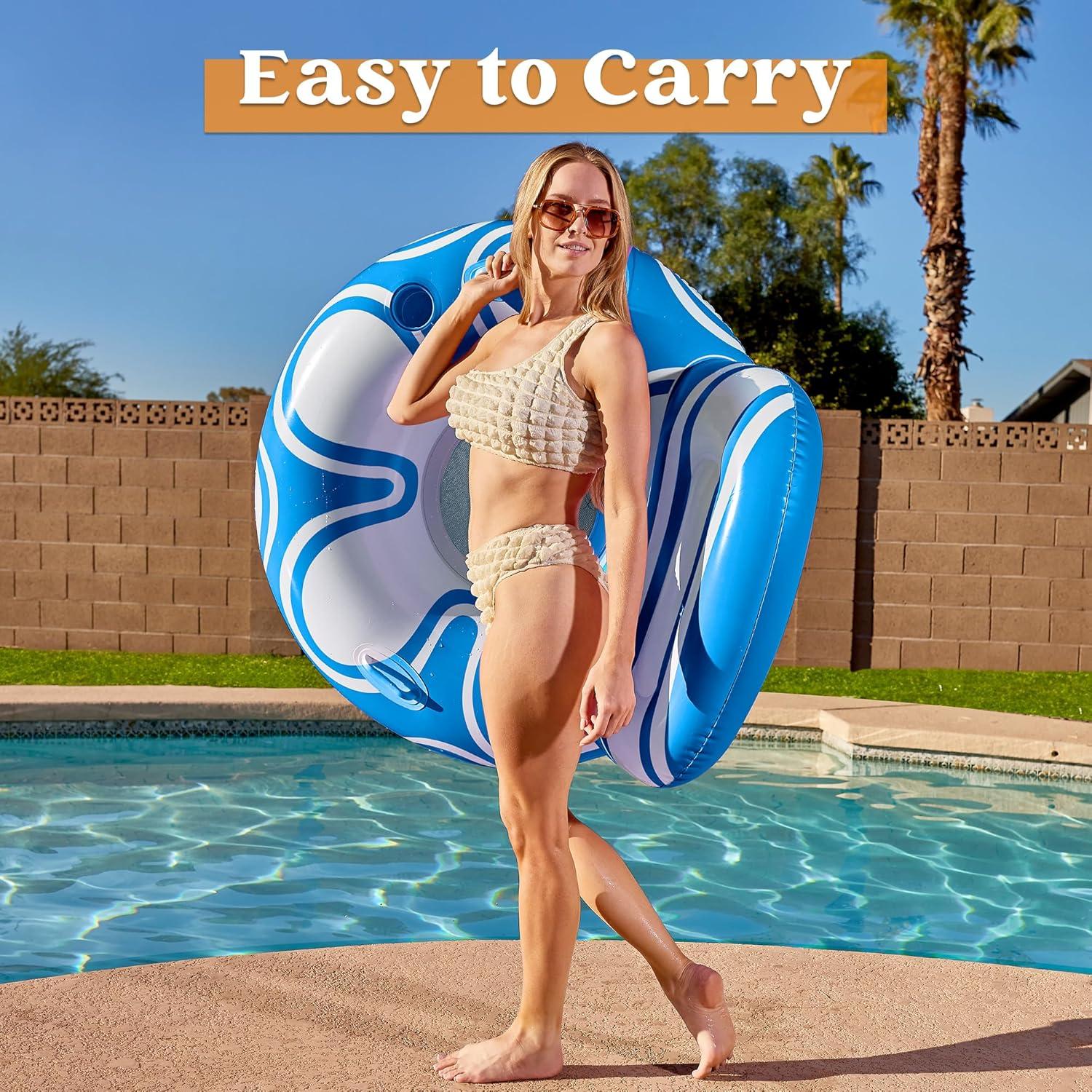 imageSloosh Inflatable Pool Floats Lounger Pool Floaties Blow Up Air Sofa Floating Chair with Big Backrest Heavy Duty River Tubes Summer Lake Beach Water Float Raft Floaty for Adults Blue WhiteBlue White